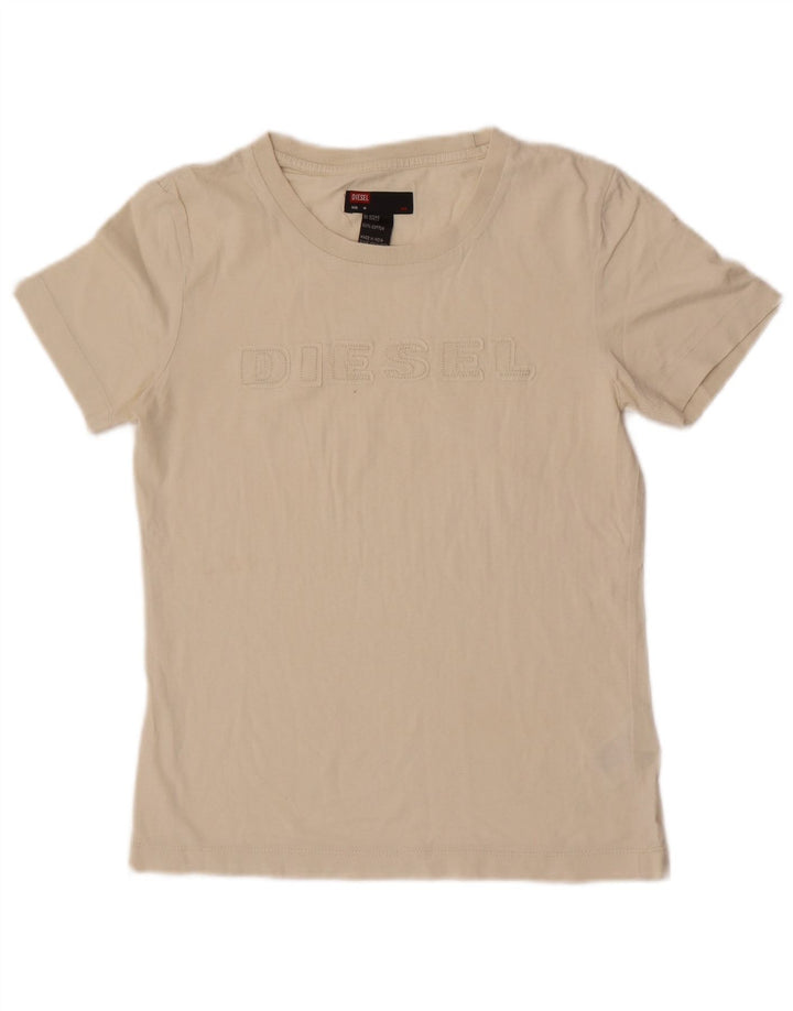Diesel Dame Grafisk T-Shirt Top UK 12 Medium Off White Bomuld