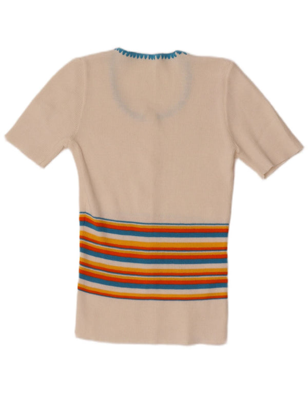 Vintage dame 1/2 ærmet kort bluse top UK 4 XS hvid stribet