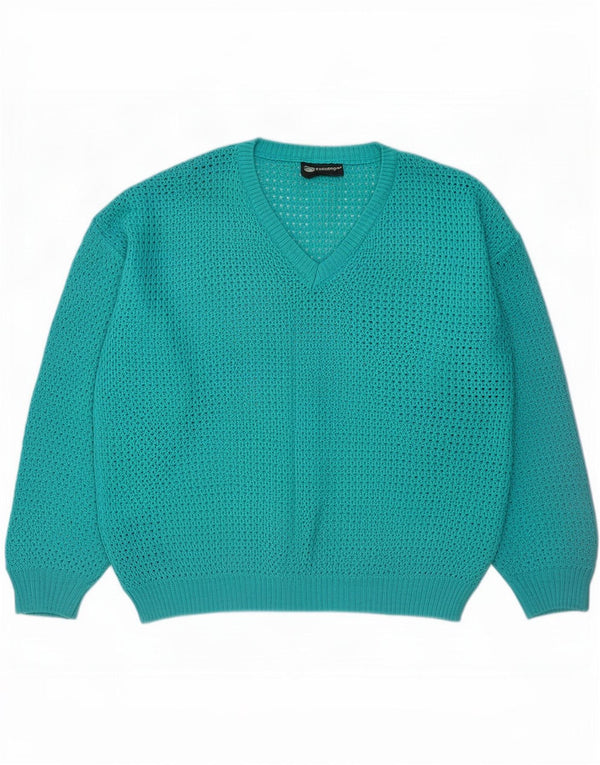 Vintage Womens See Through V-Neck Jumper Sweater UK 14 Medium Turquoise