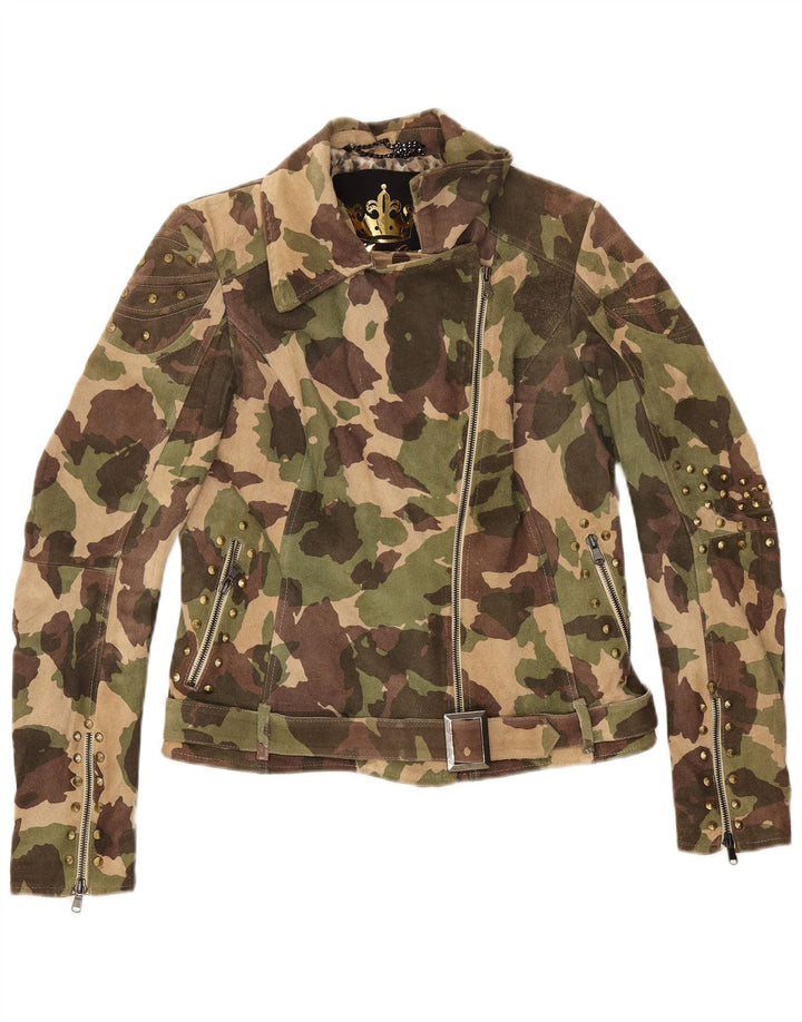 Vintage dame ruskind bikerjakke UK 16 Stor grøn camouflage læder