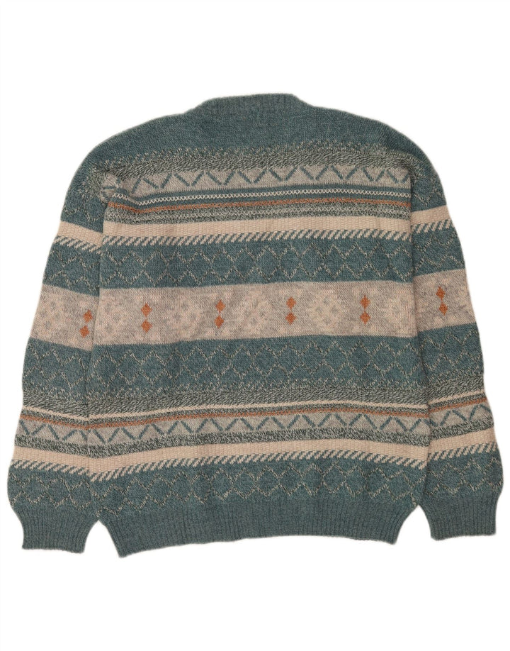 Vintage Herre V-hals sweater Large Blue Fair Isle Wool