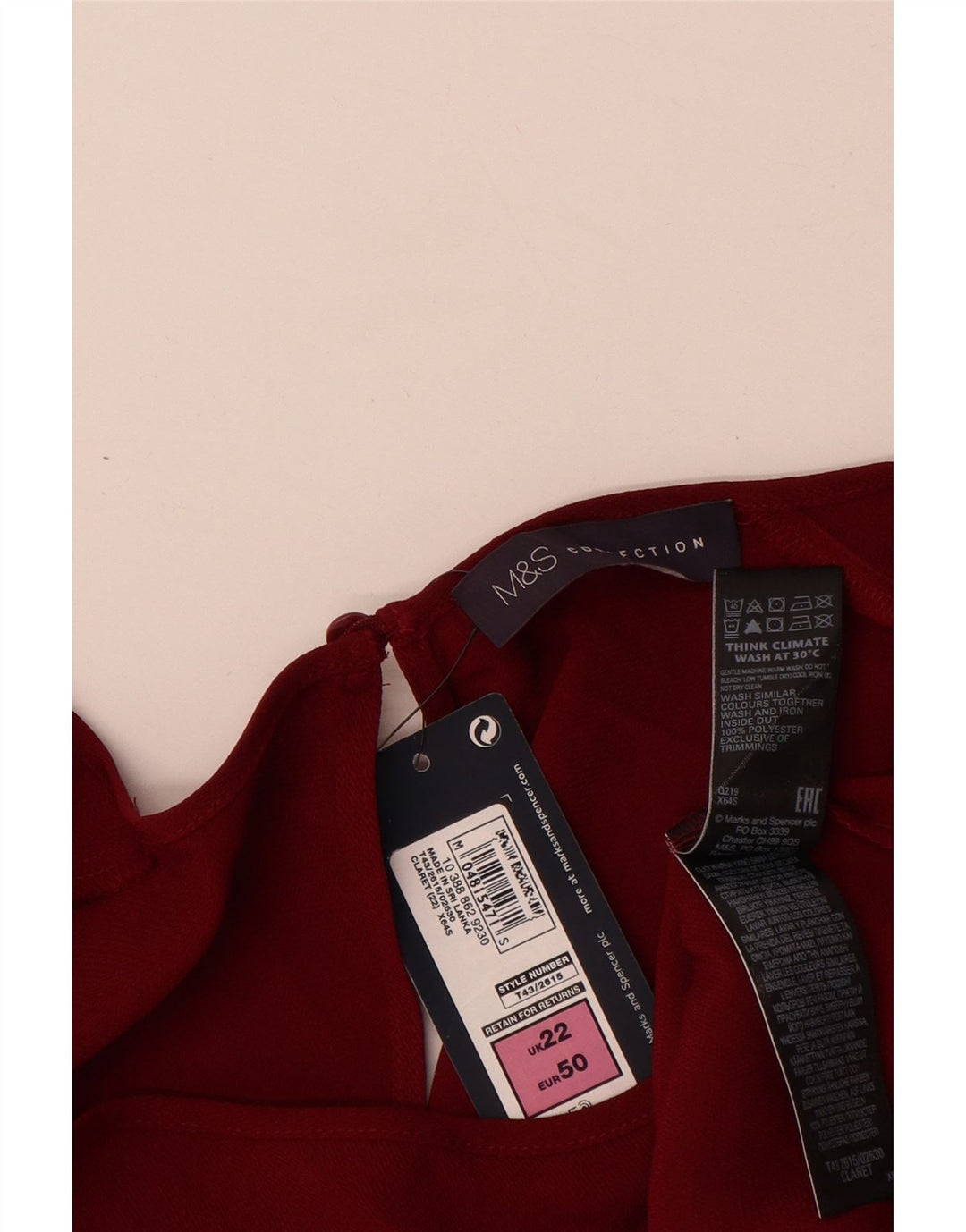 Marks & Spencer Dame 3/4-ærmet blusetop UK 22 2XL Burgundy Polyester