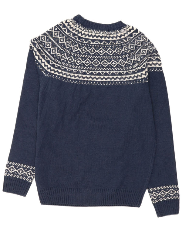 Bellfield Mens Crew Neck Jumper Sweater Medium Navy Blue Fair Isle Acrylic