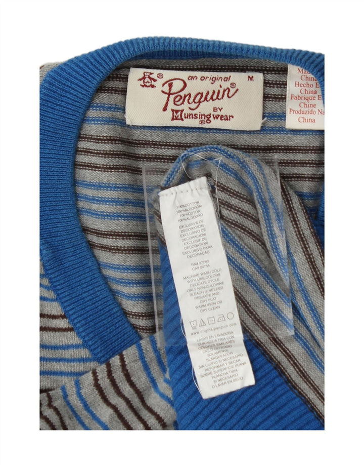 PENGUIN Mens V-Neck Jumper Sweater Medium Blue Striped Cotton Vintage Penguin and Second-Hand Penguin from Messina Hembry 
