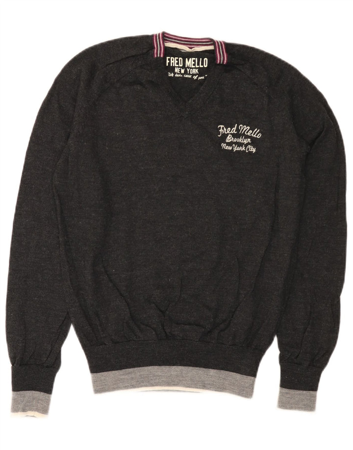 Fred Mello Dame Grafisk V-hals sweater UK 10 Small Grey