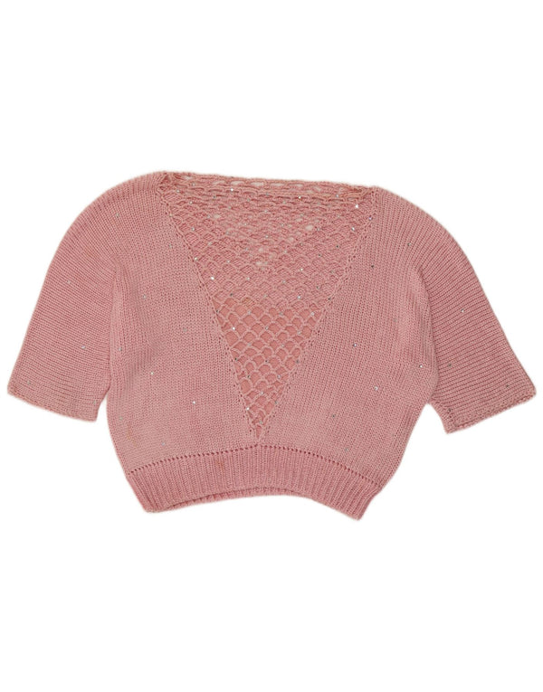 Vintage Kvinders Crop Boat Neck Jumper Sweater UK 14 Medium Pink Spotted