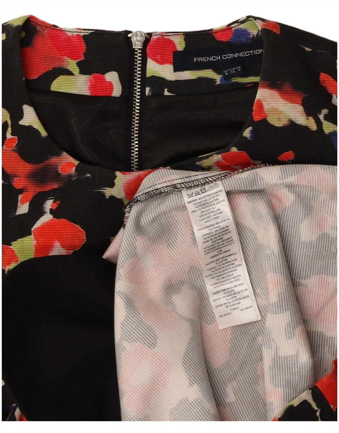 FRANSK FORBINDELSE Dame A-Line Kjole UK 8 Small Black Floral Bomuld