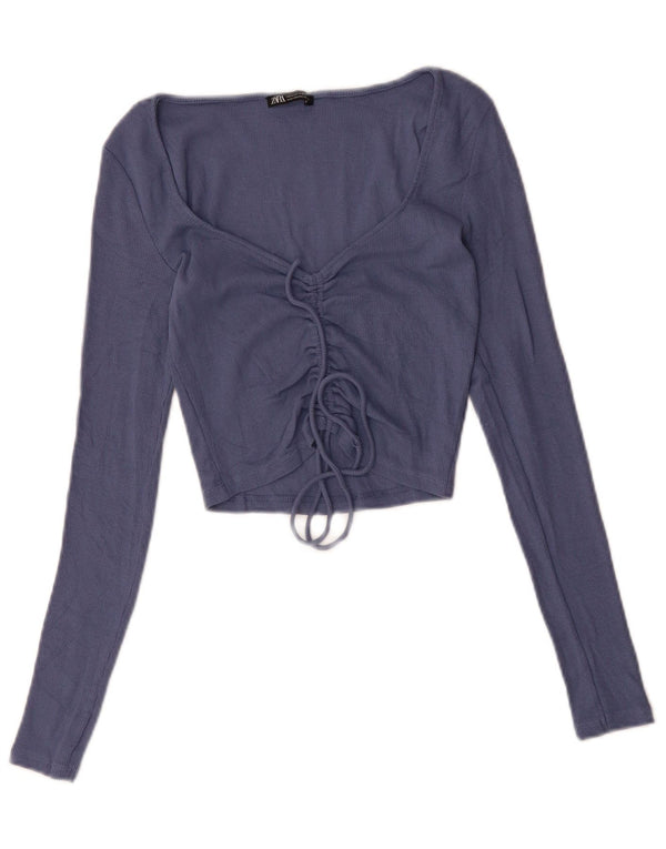 ZARA Womens Crop Top Langærmet UK 12 Medium Blue Bomuld