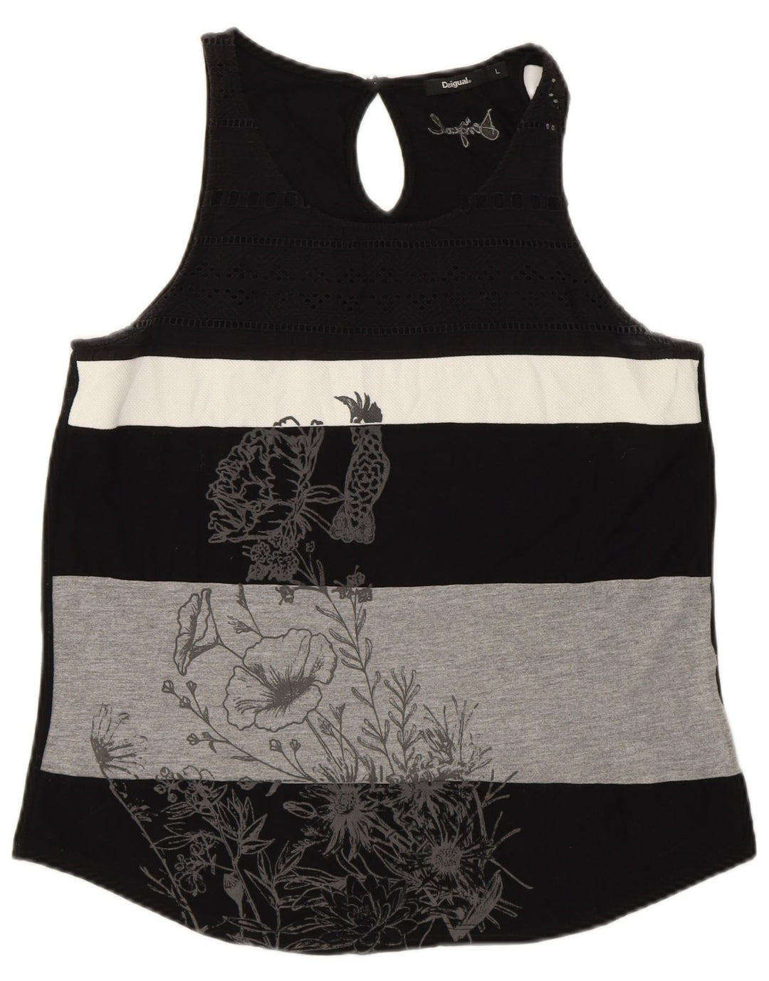 DESIGUAL Kvinder Grafisk Vest Top UK 14 Stor Sort Stribet