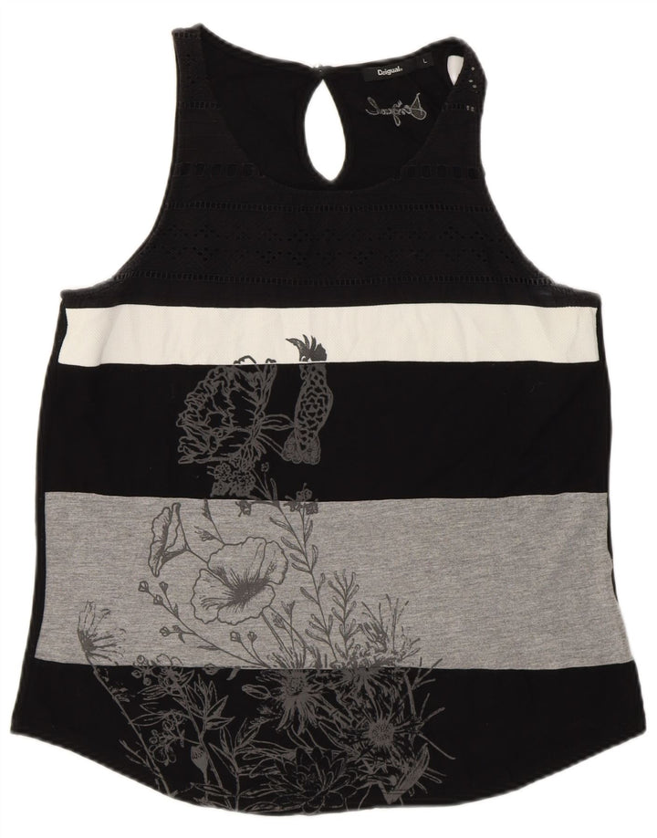 DESIGUAL Kvinder Grafisk Vest Top UK 14 Stor Sort Stribet