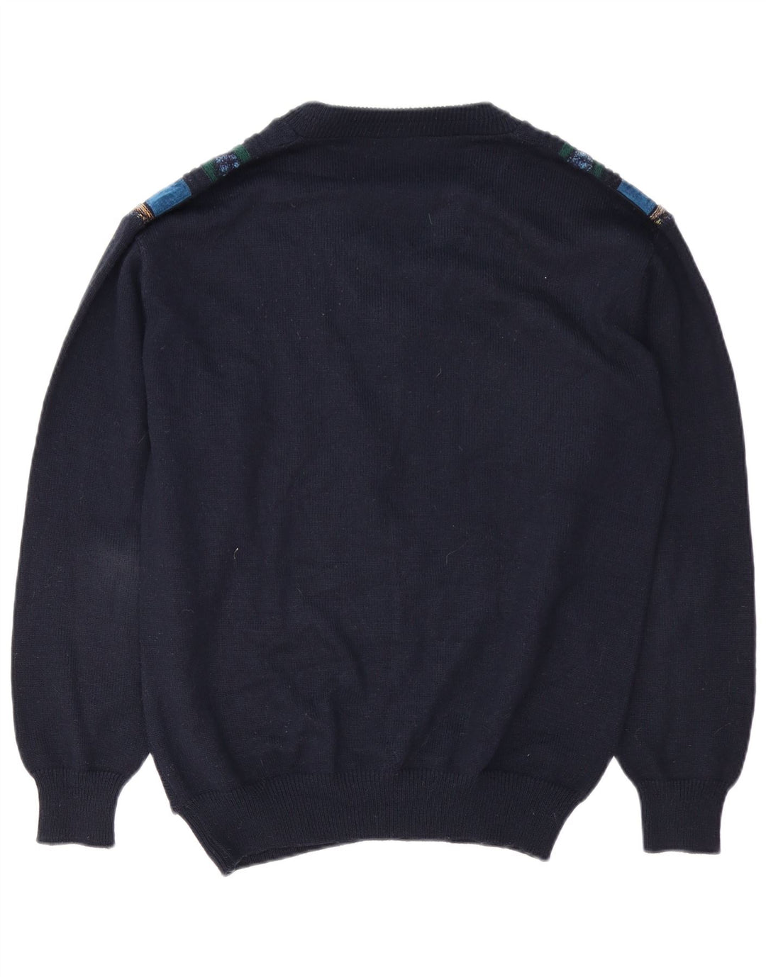 Vintage herre V-hals sweater stor marineblå geometrisk polyakryl