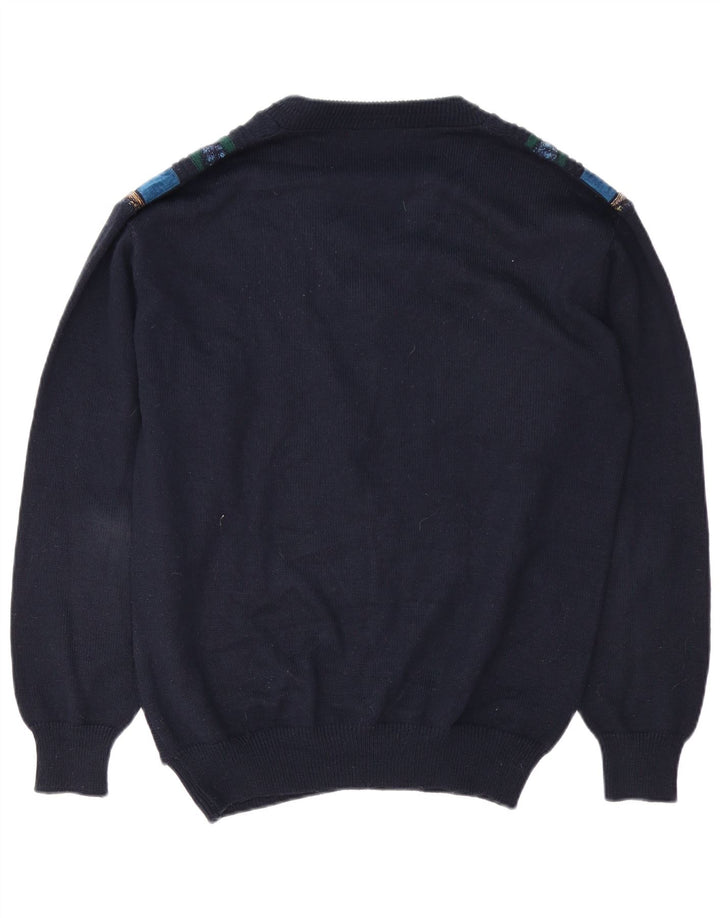 Vintage herre V-hals sweater stor marineblå geometrisk polyakryl