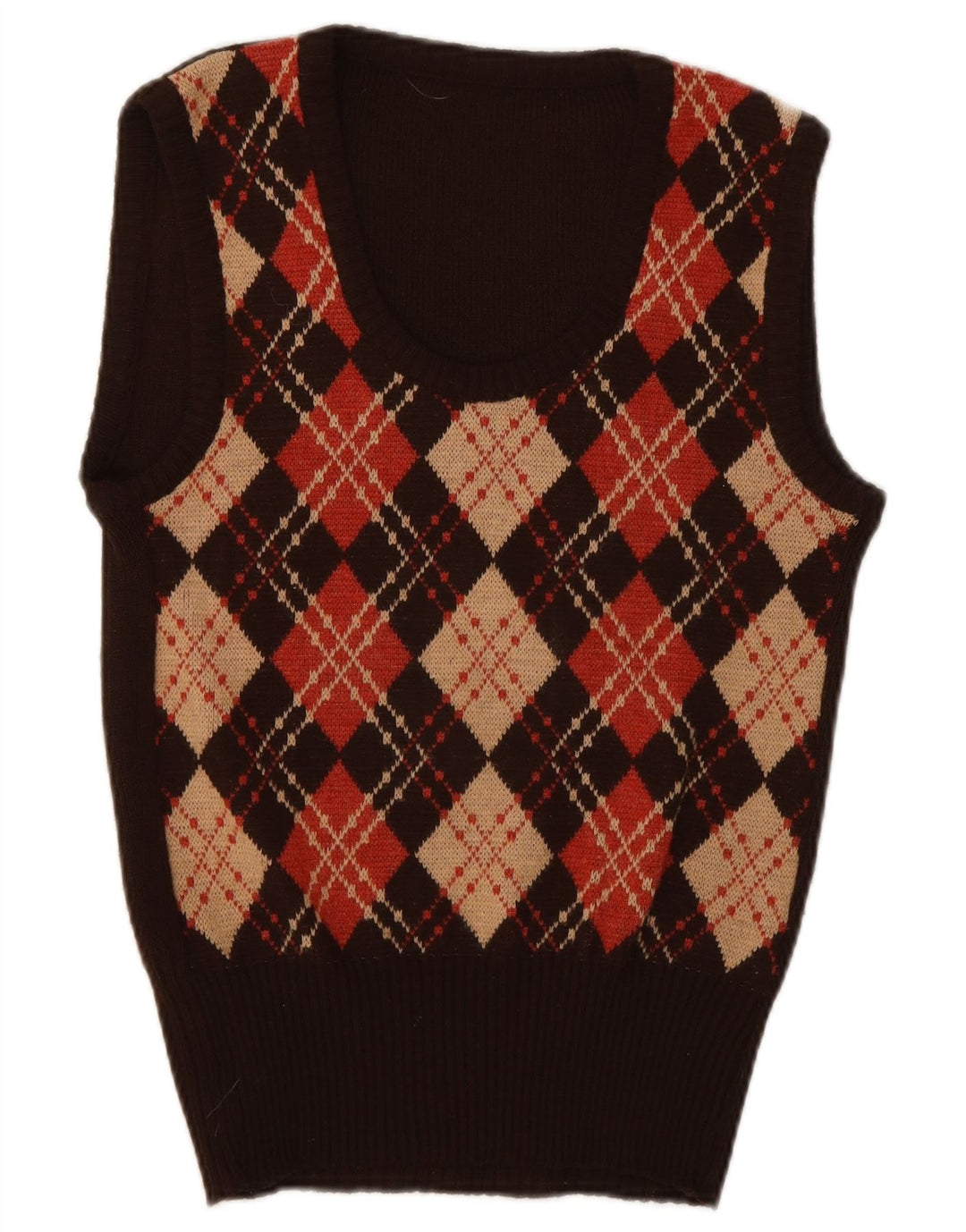 Vintage Dame Vest Tank Top UK 10 Small Brown Argyle/Diamond