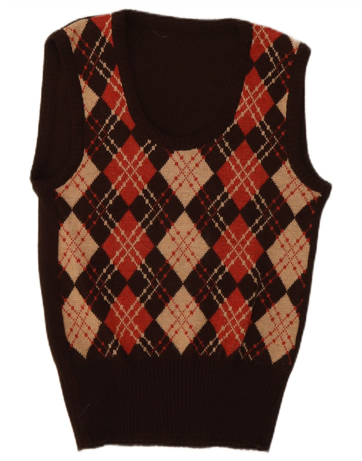 Vintage Dame Vest Tank Top UK 10 Small Brown Argyle/Diamond