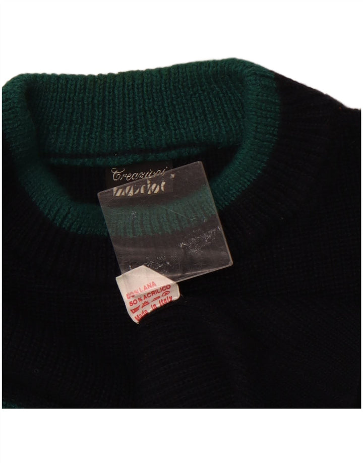 VINTAGE Herre Boat Neck Jumper Sweater XL Navy Blue Colourblock Uld