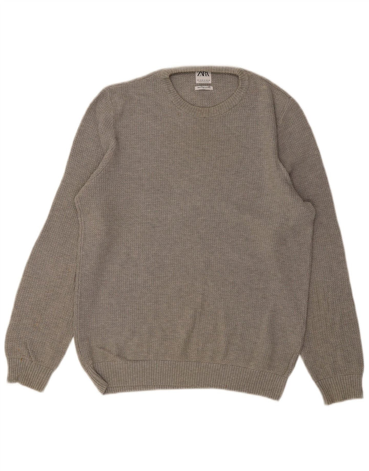 ZARA sweater med rund hals til mænd mellemgrå bomuld