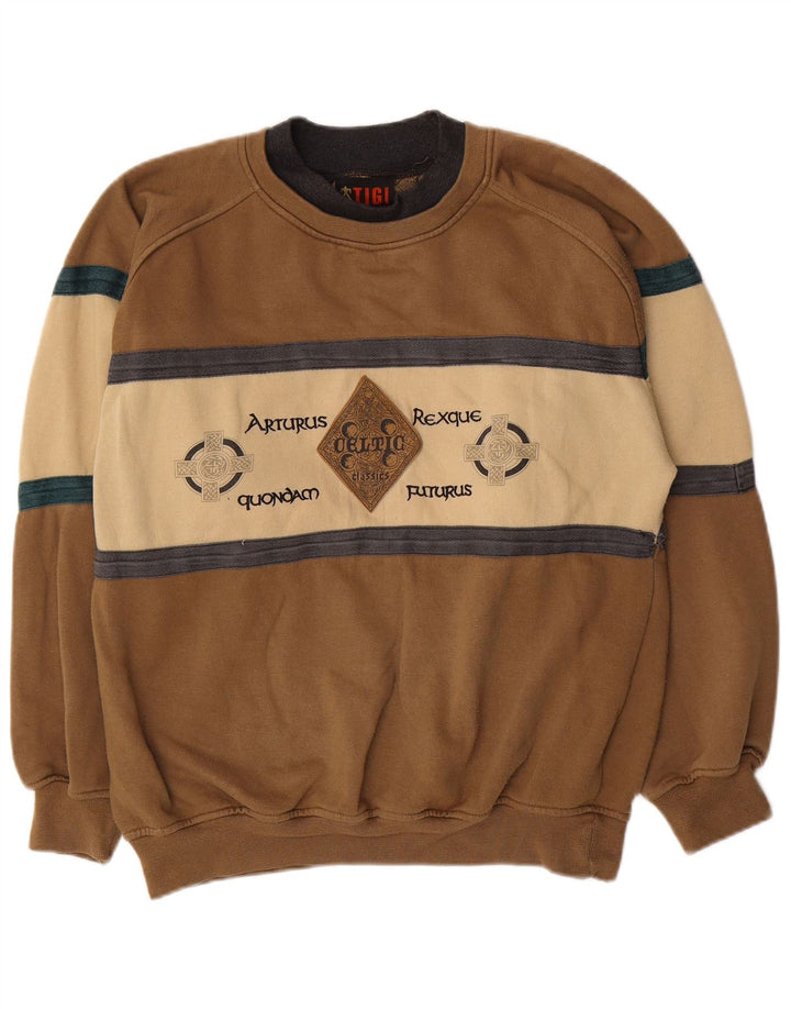 Vintage herre grafisk sweatshirt jumper lille brun colourblock polyester