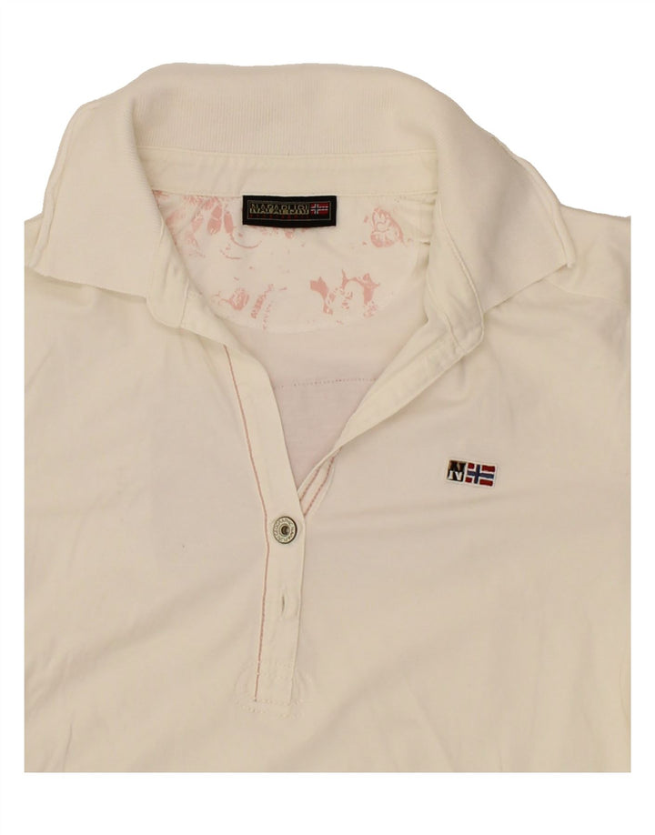 NAPAPIJRI Womens Graphic Polo Shirt UK 12 Medium Off White Vintage Napapijri and Second-Hand Napapijri from Messina Hembry 