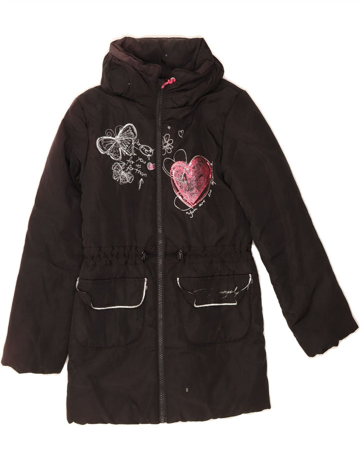 DESIGUAL Girls Graphic Padded Coat 9-10 Years Black Polyester Vintage Desigual and Second-Hand Desigual from Messina Hembry 