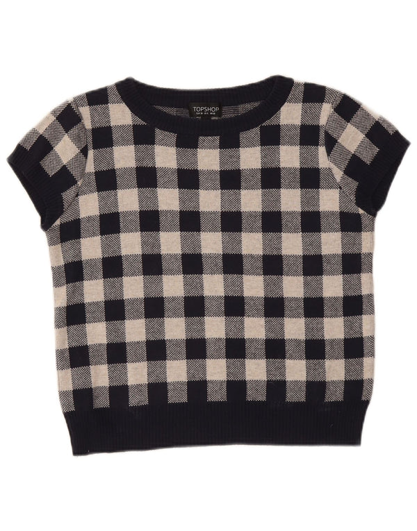 Topshop Dame Crop Boat Neck Jumper Sweater UK 10 Small Navy Blue Gingham