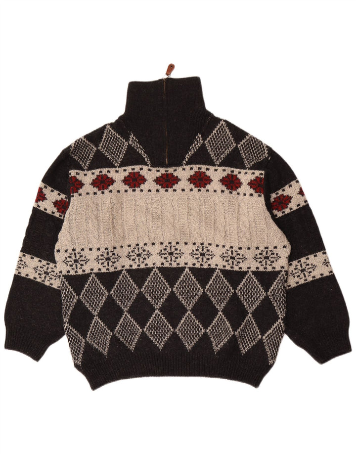 Vintage Herre Zip Neck Jumper Sweater IT 48 Medium Black Argyle/Diamond