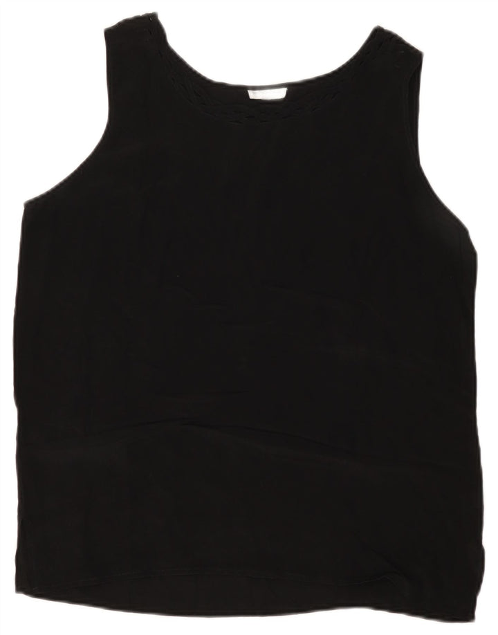 VINTAGE Dame ærmeløs bluse Top UK 14 Medium Sort Silke