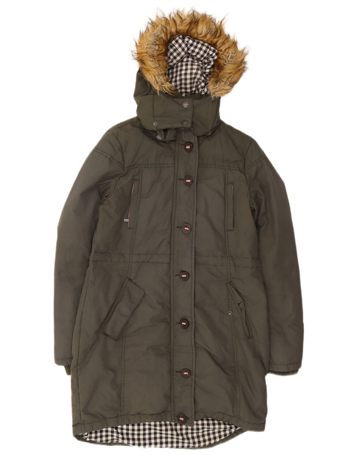 Fat Face Dame Hooded Parka Jacket UK 10 Small Khaki Cotton