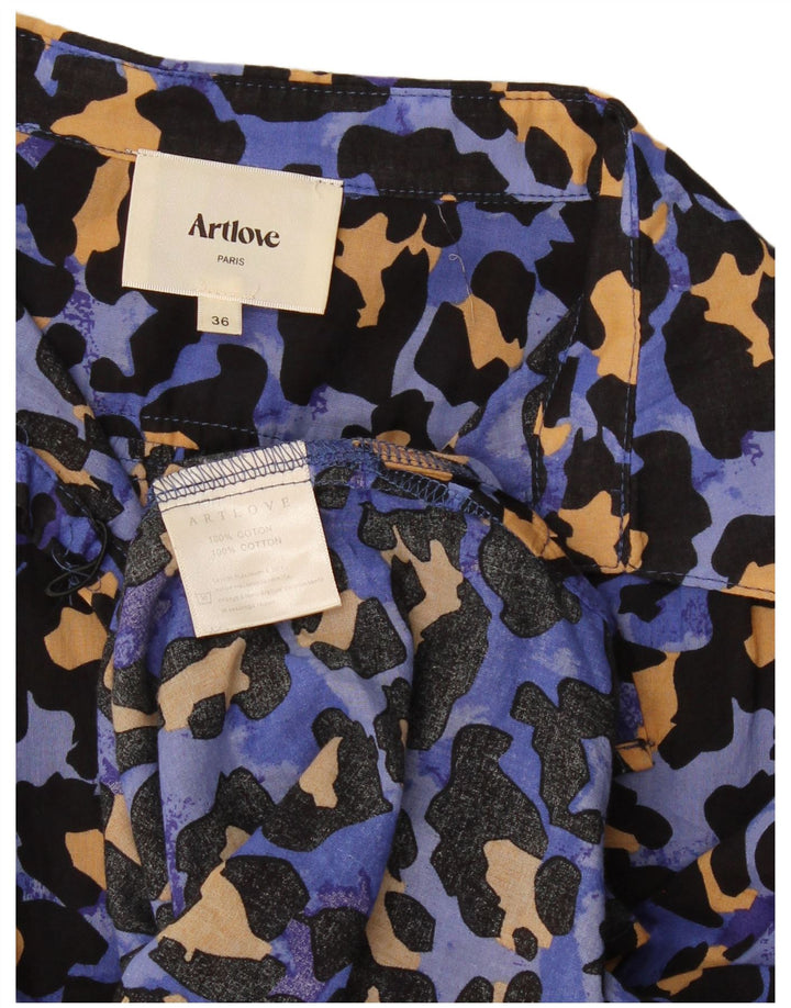 Vintage Dame Oversized Bluse Top EU 36 Small Blue Animal Print Bomuld