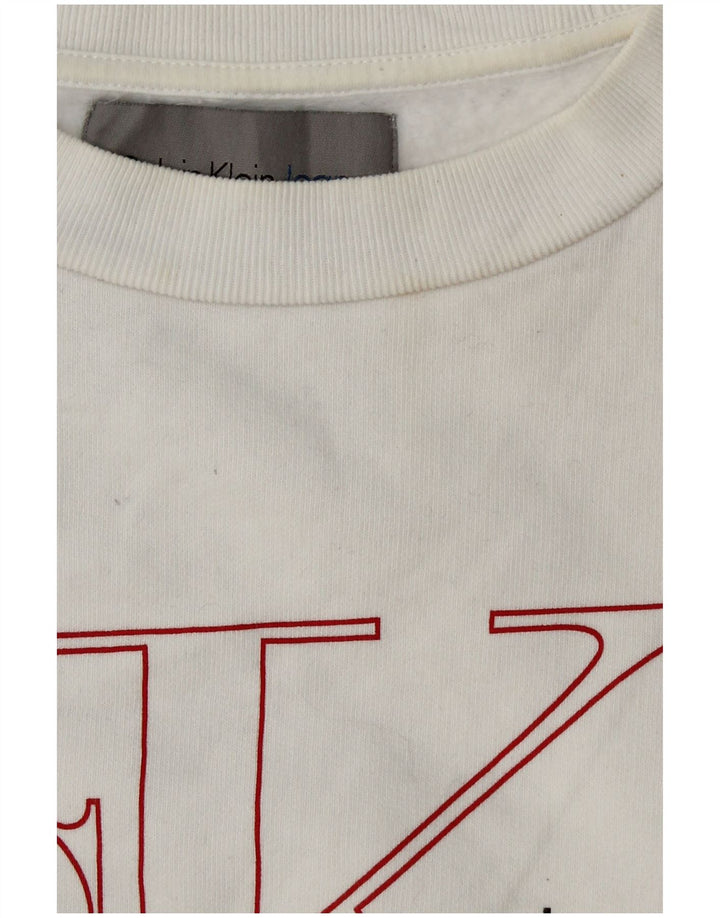 CALVIN KLEIN JEANS Dame Crop Graphic Sweatshirt Jumper UK 6 XS Hvid