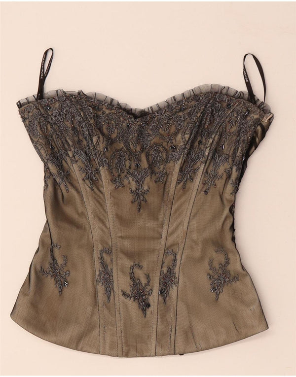 WAREHOUSE Womens Off Shoulder Corset Top UK 8 Small Beige Floral Polyester