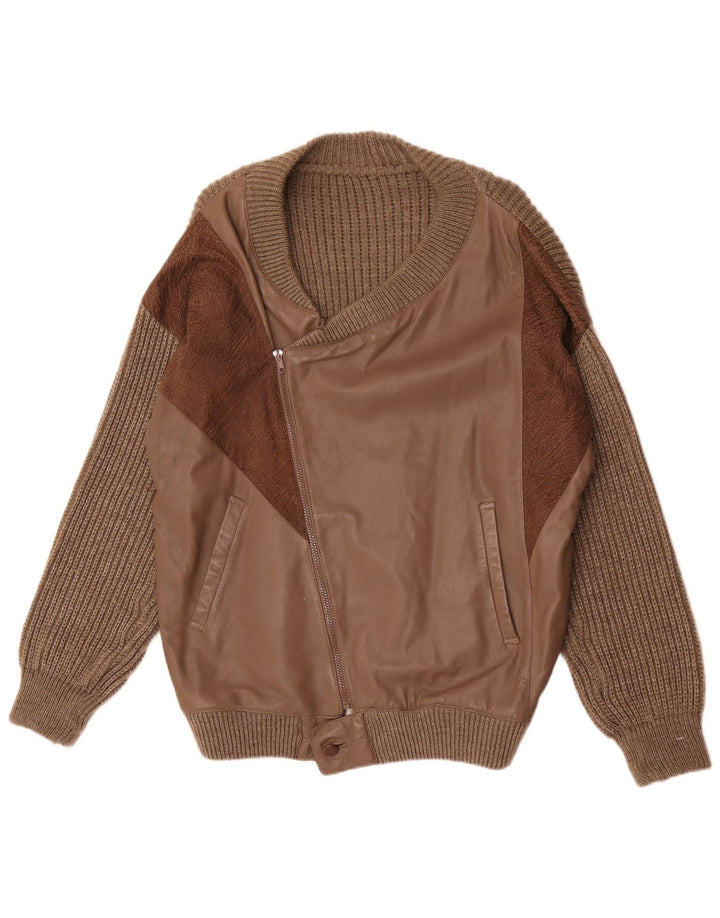 Vintage herre læder cardigan sweater Stor brun uld