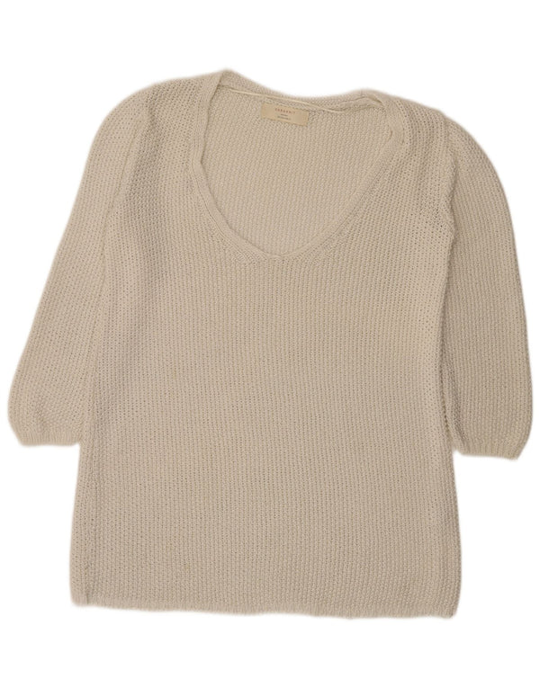 Zara 3/4-ærmet hæklet trøje med V-hals til kvinder UK 16 Large Off White