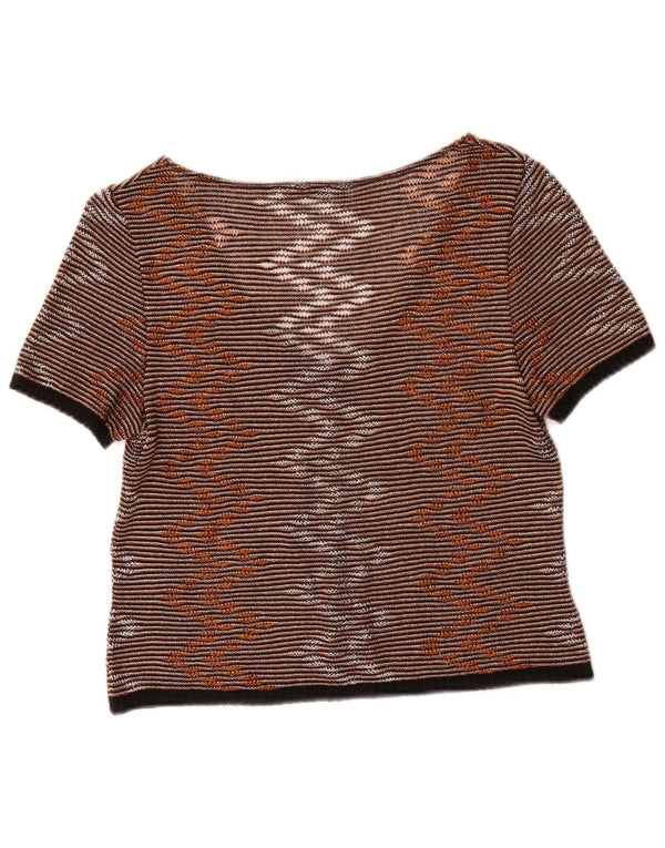 Vintage Womens Crop Bluse Top UK 10 Small Brown Pinstripe