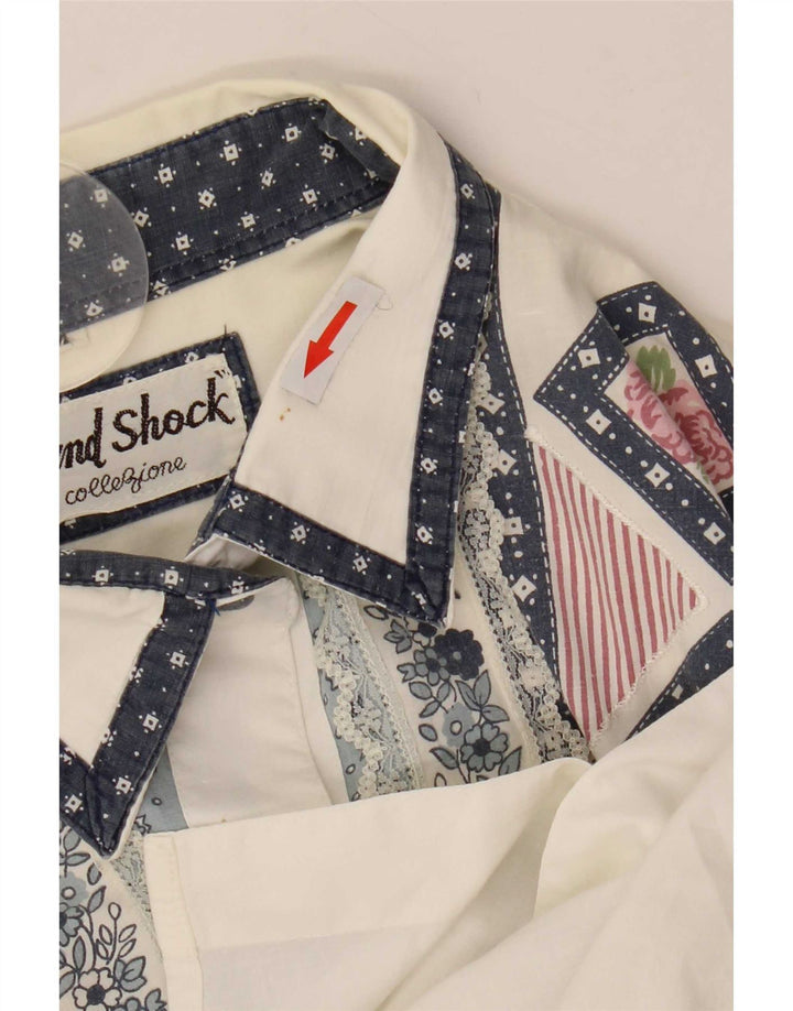 Vintage Dame Oversized skjortebluse UK 14 Medium White Geometrisk Bomuld