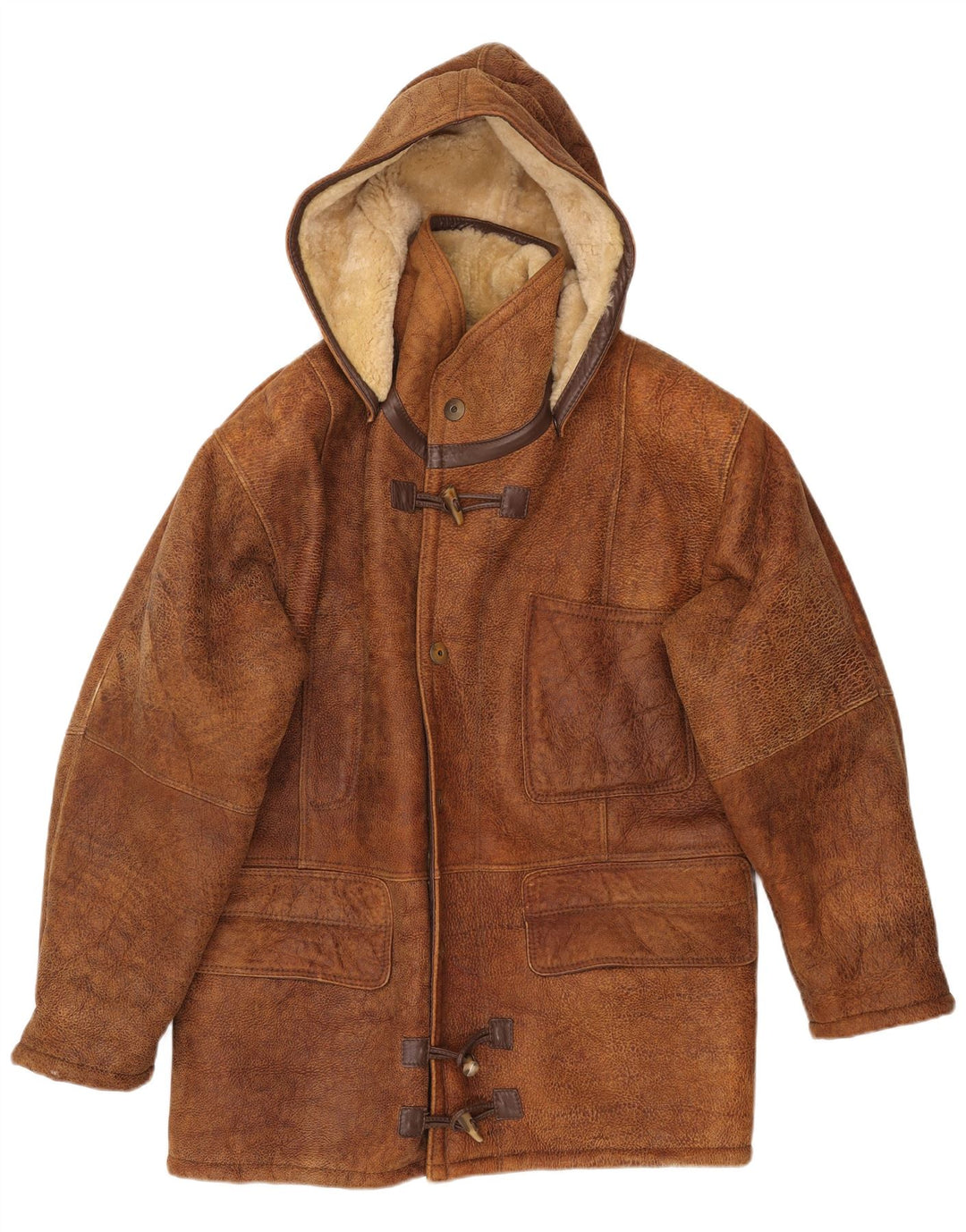VINTAGE Shearling-jakke med hætte til mænd IT 50 Large Brown Shearling