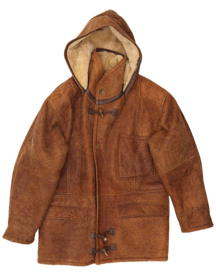 VINTAGE Shearling-jakke med hætte til mænd IT 50 Large Brown Shearling