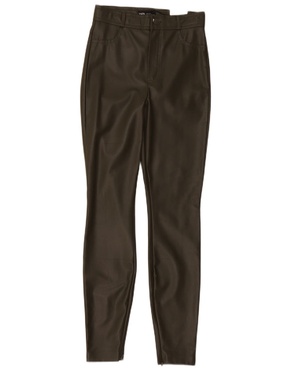 Zara Dame Højtalje Skinny Kunstlæder Bukser XS W24 L28 Khaki