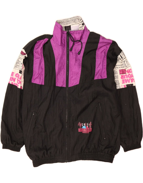VINTAGE Grafisk træningsdragt topjakke til mænd UK 40/42 Stor sort farveblok