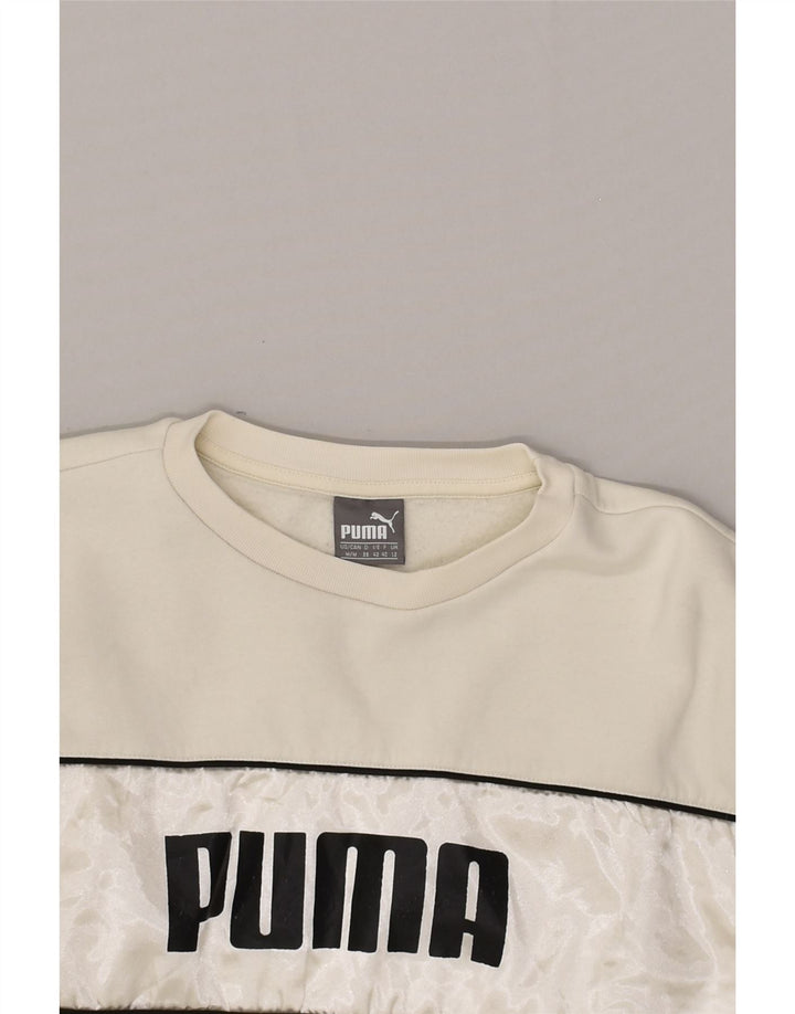 PUMA Womens Graphic Crop Sweatshirt Jumper UK 12 Medium Off White Cotton | Vintage Puma | Thrift | Second-Hand Puma | Used Clothing | Messina Hembry 