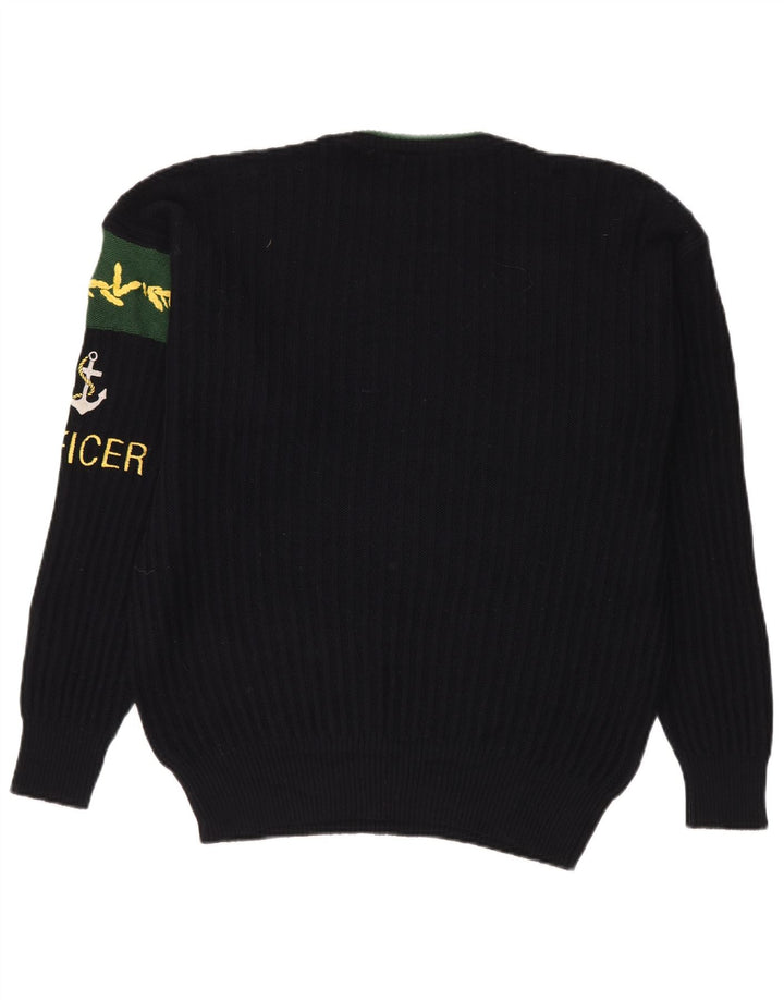 VINTAGE Herre grafisk rund hals sweater XL marineblå uld
