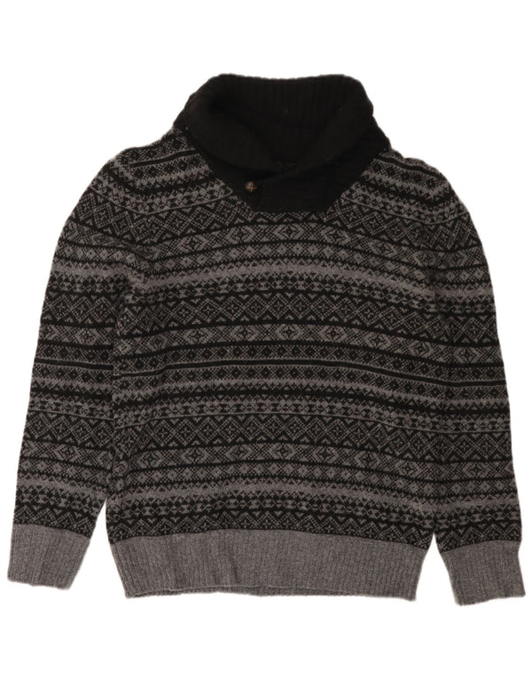 EDDIE BAUER Herre Shawl Neck Jumper Sweater Small Grey Fair Isle Wool