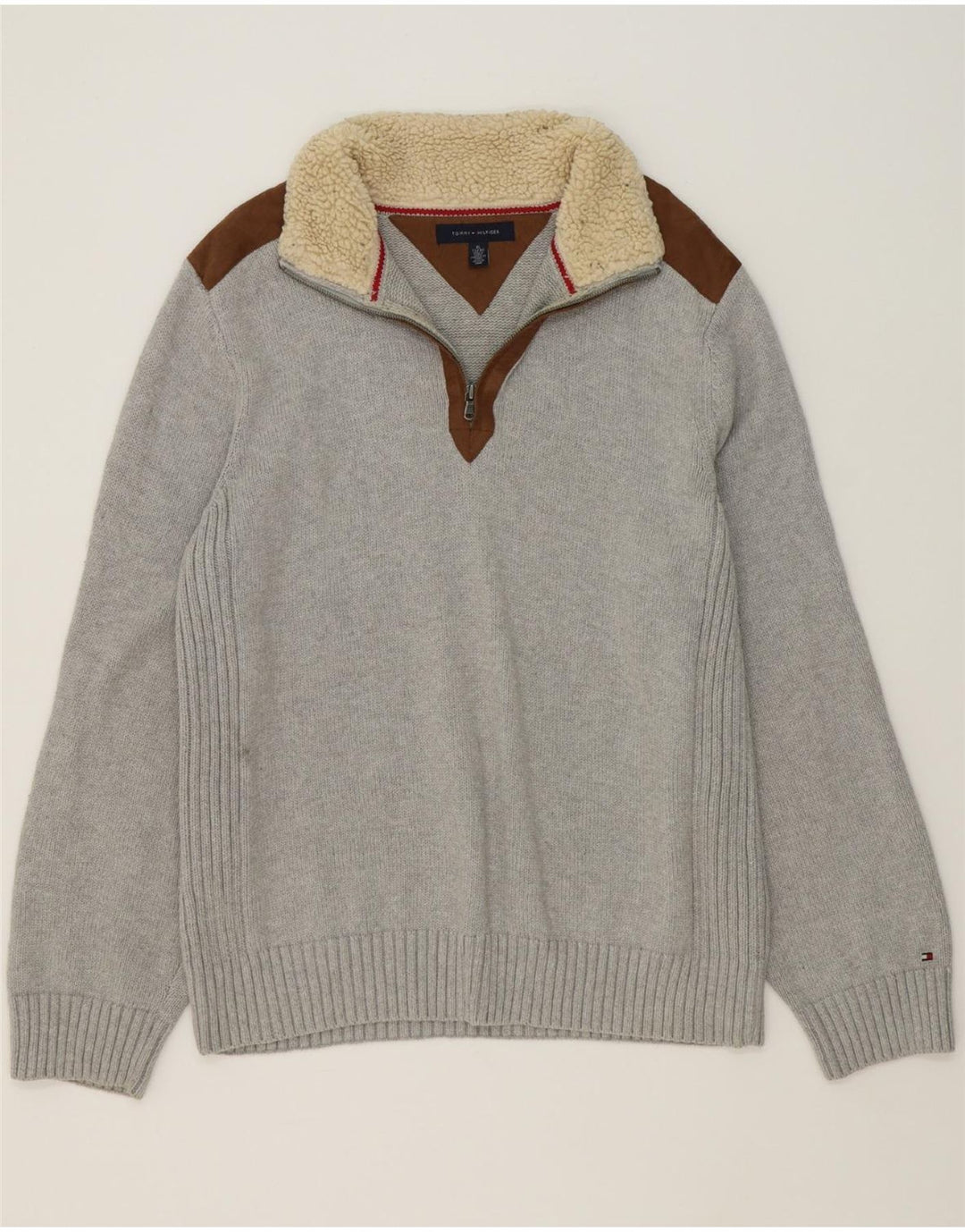 TOMMY HILFIGER Mens Zip Neck Jumper Sweater XL Grey Colourblock Polyester Vintage Tommy Hilfiger and Second-Hand Tommy Hilfiger from Messina Hembry 