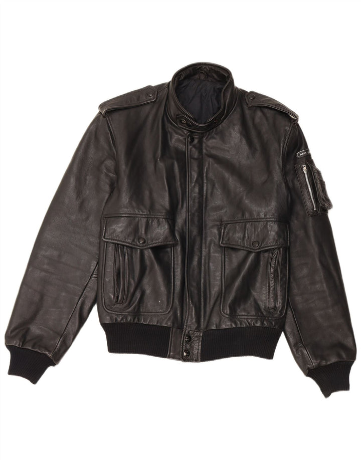 Vintage Herre Læder Military Jacket UK 38 Medium Sort Læder