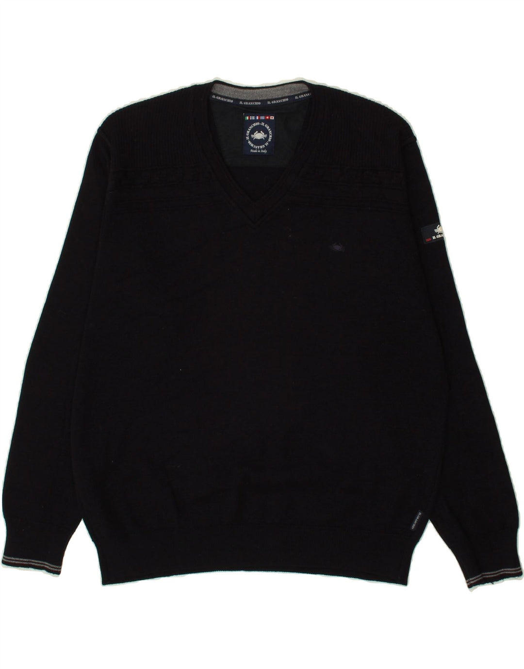 IL GRANCHIO Mens V-Neck Jumper Sweater Medium Navy Blue Vintage Il Granchio and Second-Hand Il Granchio from Messina Hembry 