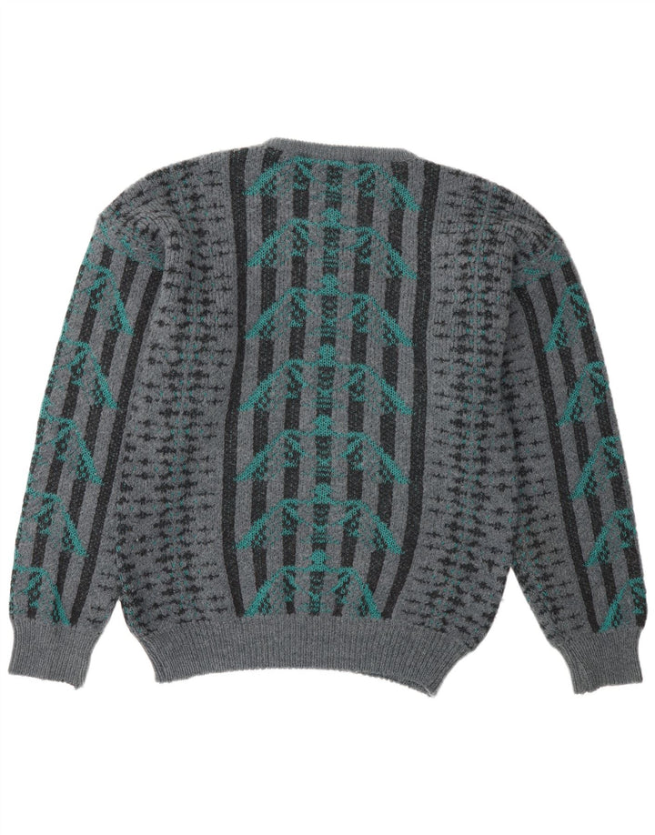 Vintage herre grafisk rund hals sweater mellem grå stribet retro