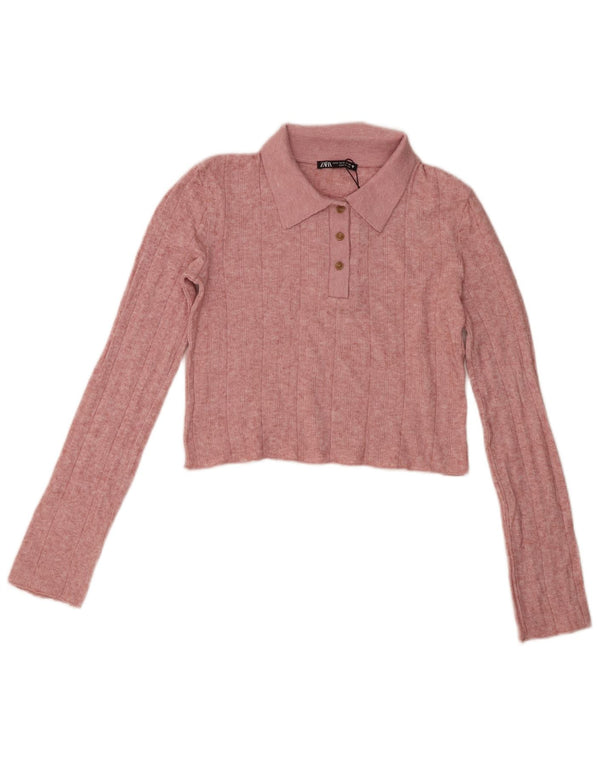 Zara Langærmet Crop Polo Shirt til kvinder UK 10 Small Pink Viscose