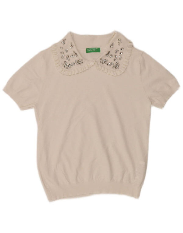 Benetton Dame Kortærmet Polo Neck Jumper Sweater UK 6 XS Hvid Bomuld