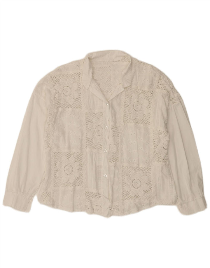 VINTAGE skjortebluse med 3/4 ærmer til kvinder UK 14 Medium hvid blomstret bomuld