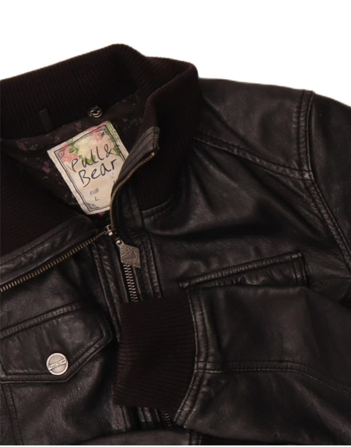 Pull & Bear Dame Læderjakke UK 14 Stor Sort Læder