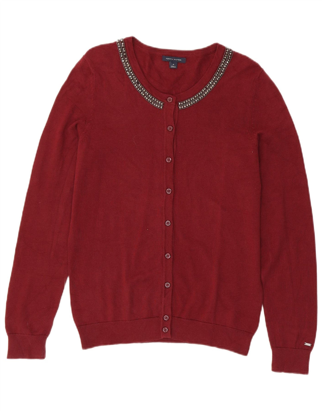 Tommy Hilfiger Dame Cardigan Sweater UK 12 Medium Maroon Bomuld